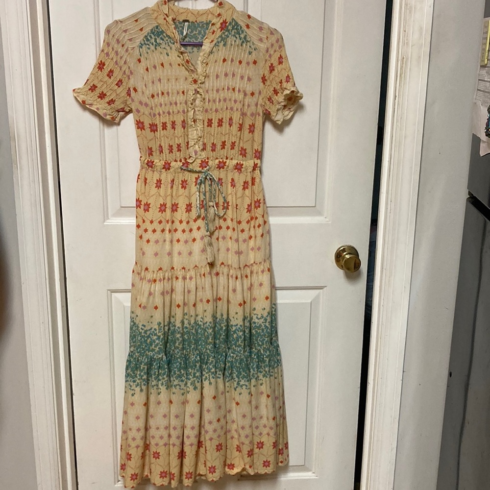Free People Rare Feeling Tiered Printed Tassels Tie Maxi Dress XS